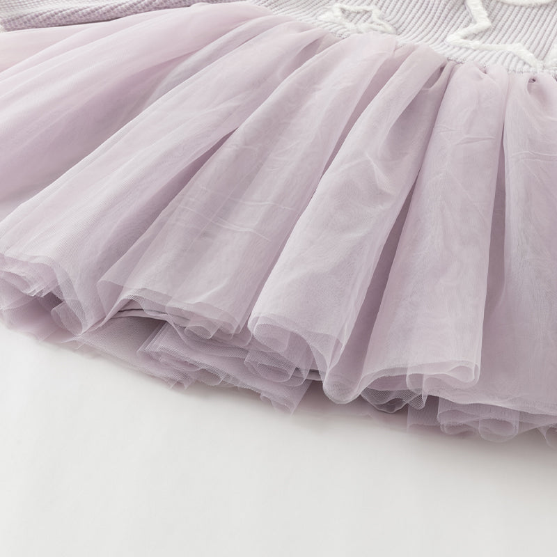 فستان بنات بأكمام طويلة بنفسجي من قماش محبوك مزين بنجوم وشراشيب وتنورة تول