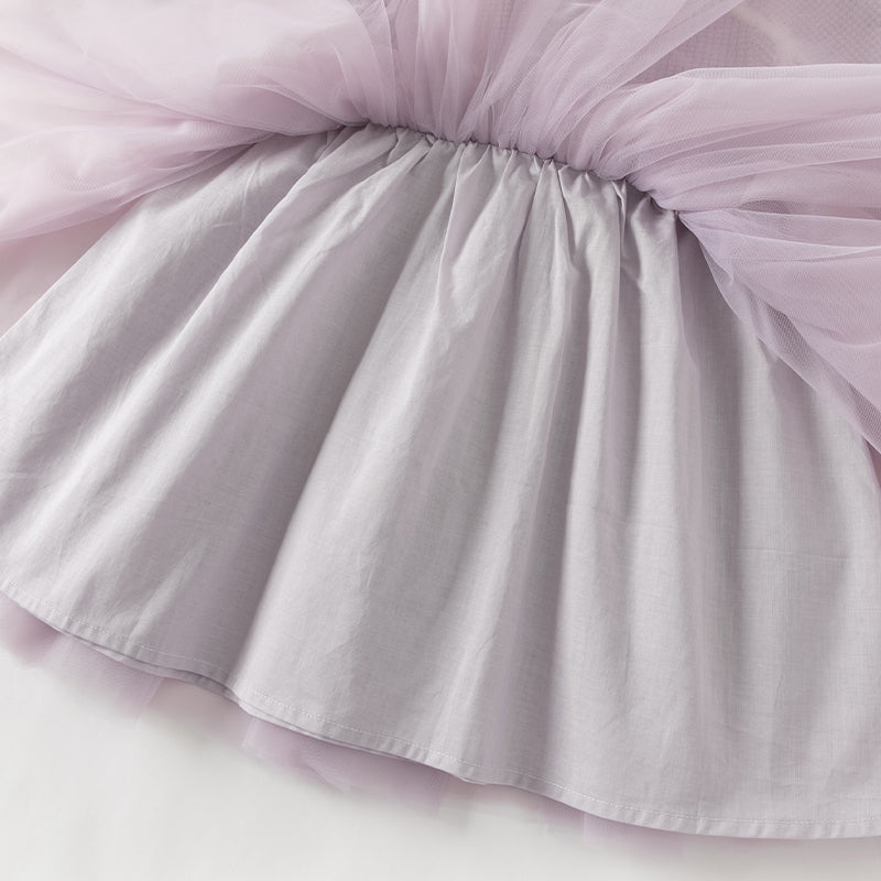 فستان بنات بأكمام طويلة بنفسجي من قماش محبوك مزين بنجوم وشراشيب وتنورة تول