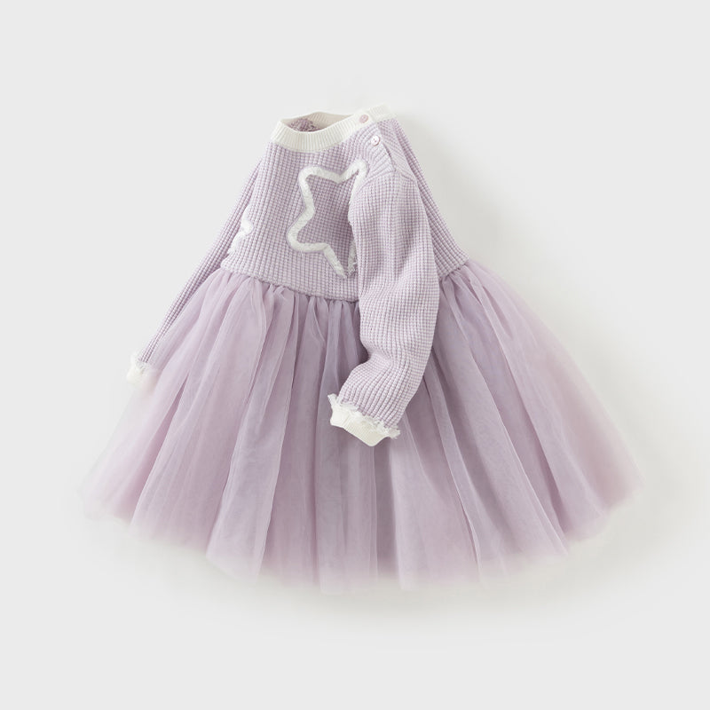 فستان بنات بأكمام طويلة بنفسجي من قماش محبوك مزين بنجوم وشراشيب وتنورة تول