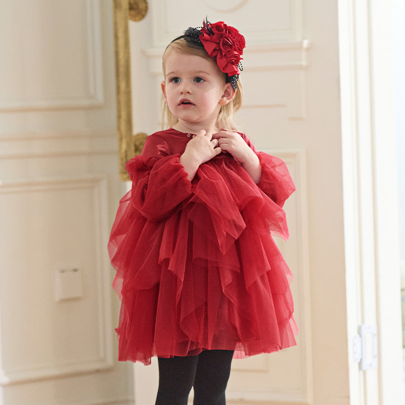 فستان بنات بأكمام طويلة من التول أحمر تصميم أميري