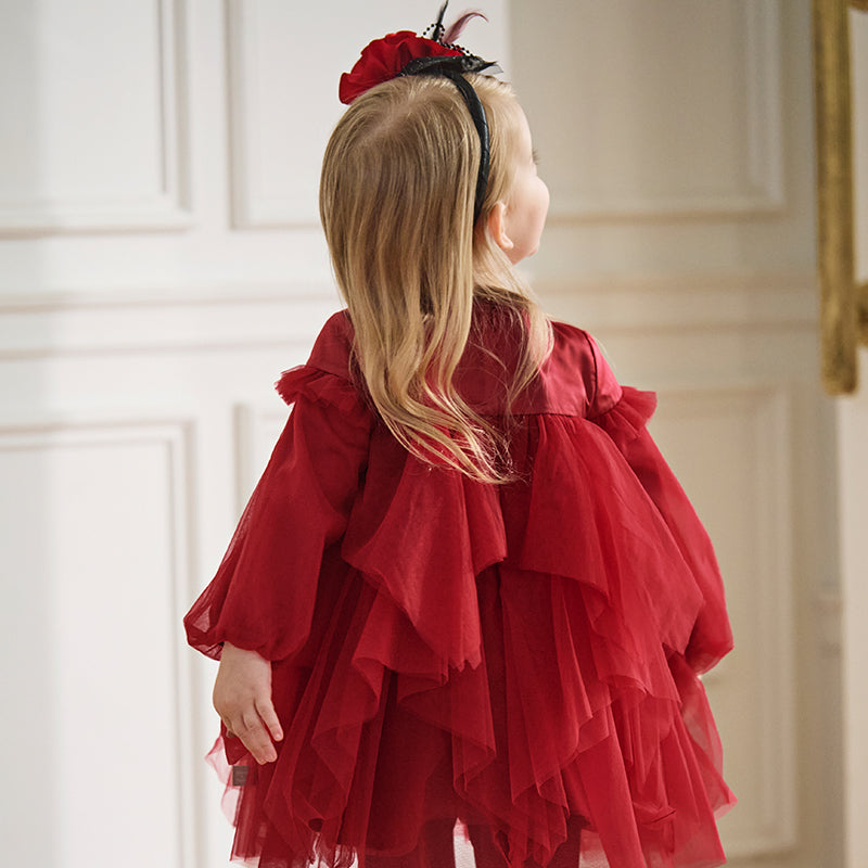 فستان بنات بأكمام طويلة من التول أحمر تصميم أميري