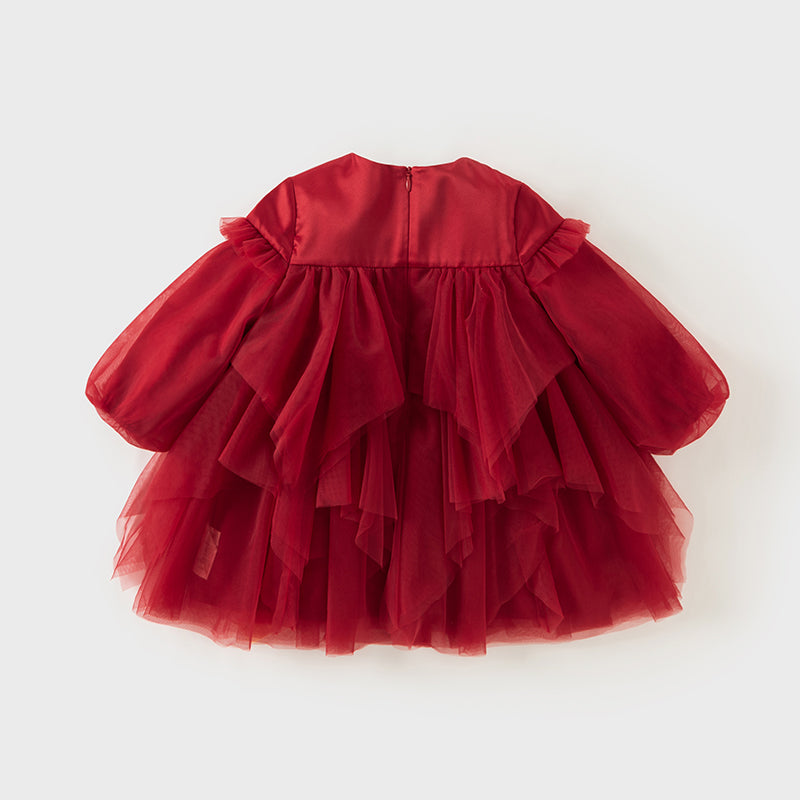 فستان بنات بأكمام طويلة من التول أحمر تصميم أميري