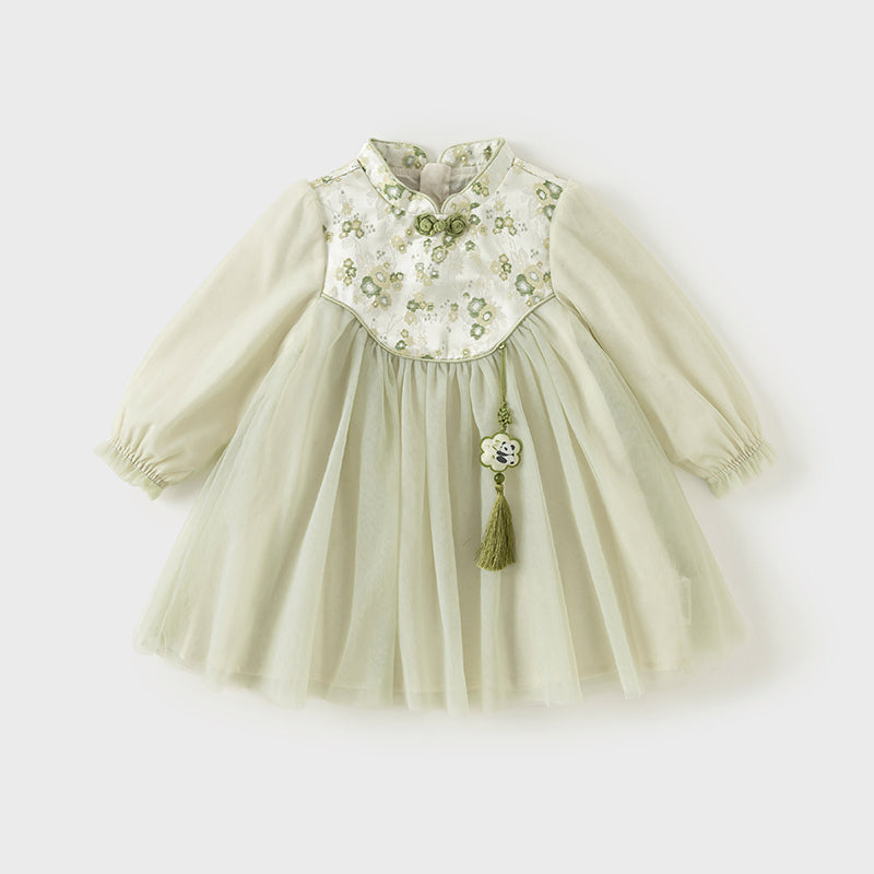 فستان بنات طويل الأكمام من التول باللون الأخضر الفاصوليائي بأسلوب صيني عصري (يشمل زينة تدلي من الخيوط الصينية)