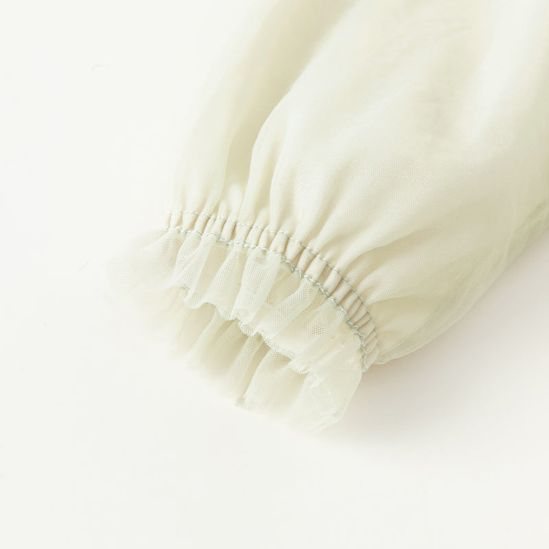 فستان بنات طويل الأكمام من التول باللون الأخضر الفاصوليائي بأسلوب صيني عصري (يشمل زينة تدلي من الخيوط الصينية)