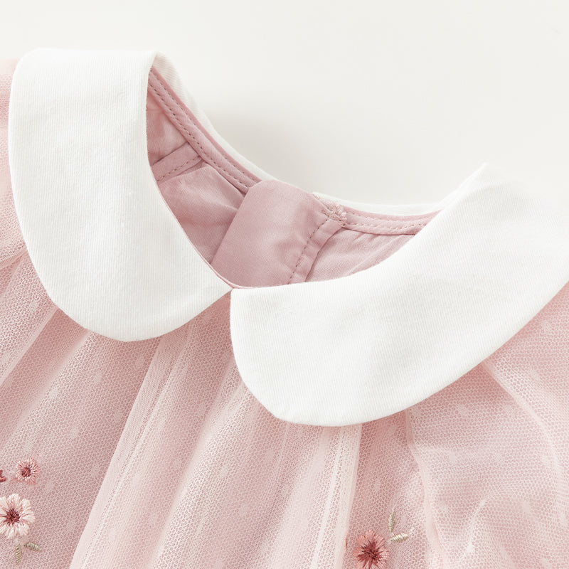 فستان للبنات الصغيرات بأكمام طويلة من التول الوردي بتصميم أنيق مزين بتطريز زهور (يشمل حقيبة كروس)