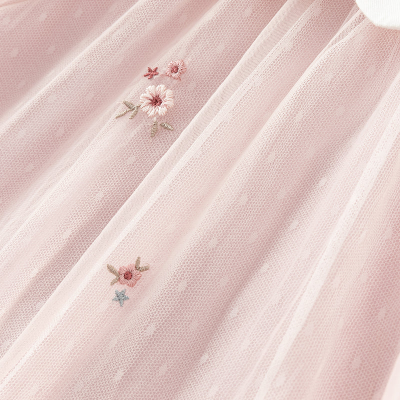 فستان للبنات الصغيرات بأكمام طويلة من التول الوردي بتصميم أنيق مزين بتطريز زهور (يشمل حقيبة كروس)