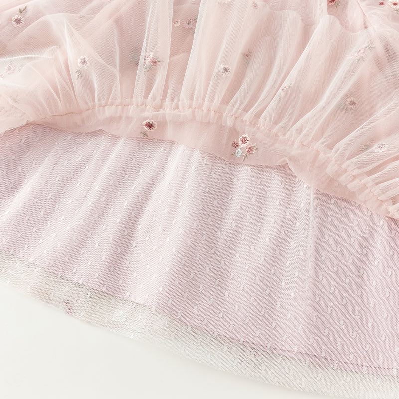 فستان للبنات الصغيرات بأكمام طويلة من التول الوردي بتصميم أنيق مزين بتطريز زهور (يشمل حقيبة كروس)