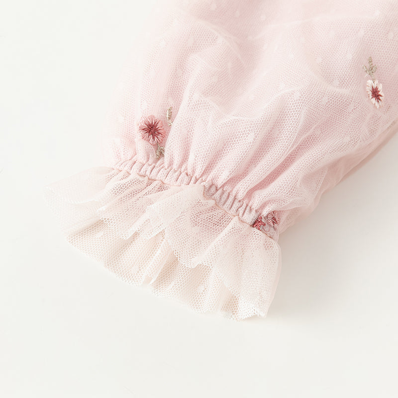 فستان للبنات الصغيرات بأكمام طويلة من التول الوردي بتصميم أنيق مزين بتطريز زهور (يشمل حقيبة كروس)