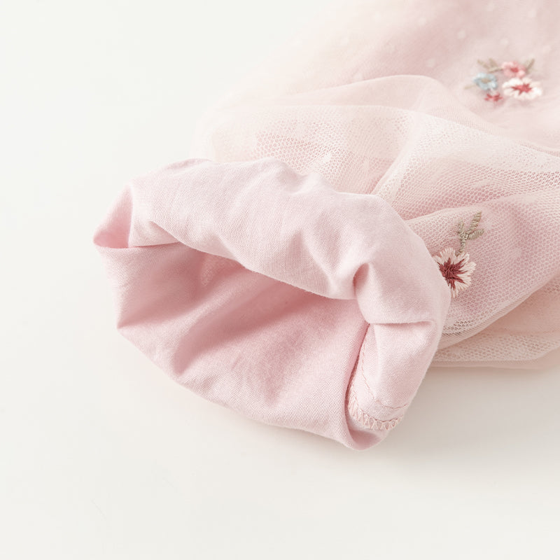 فستان للبنات الصغيرات بأكمام طويلة من التول الوردي بتصميم أنيق مزين بتطريز زهور (يشمل حقيبة كروس)