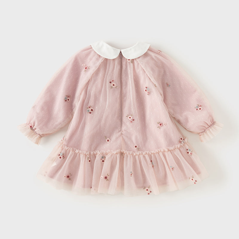 فستان للبنات الصغيرات بأكمام طويلة من التول الوردي بتصميم أنيق مزين بتطريز زهور (يشمل حقيبة كروس)