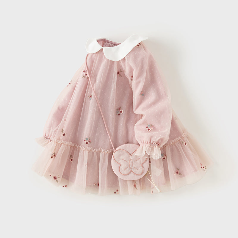 فستان للبنات الصغيرات بأكمام طويلة من التول الوردي بتصميم أنيق مزين بتطريز زهور (يشمل حقيبة كروس)