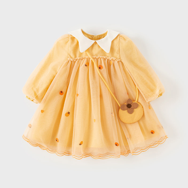 فستان بنات طويل الأكمام من التول باللون البرتقالي بأسلوب لطيف(يشمل حقيبة كروس)