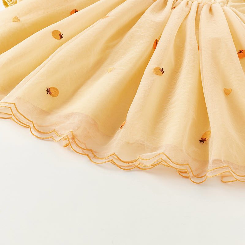 فستان بنات طويل الأكمام من التول باللون البرتقالي بأسلوب لطيف(يشمل حقيبة كروس)