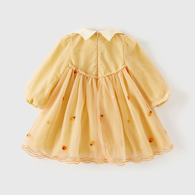 فستان بنات طويل الأكمام من التول باللون البرتقالي بأسلوب لطيف(يشمل حقيبة كروس)