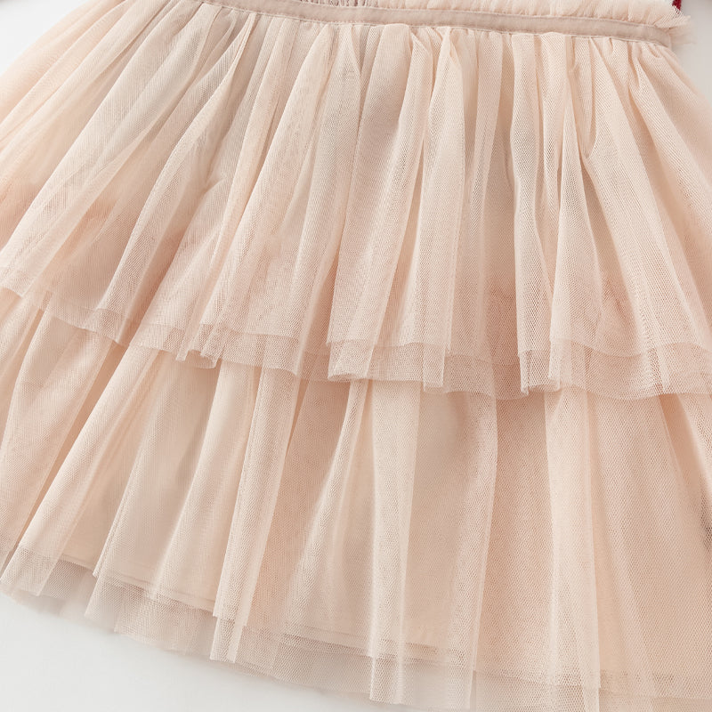 فستان بنات بأكمام طويلة من قماش محبوك باللون الخمري/الوردي الفاتح مع تنورة تول متعددة الطبقات بأسلوب غير رسمي