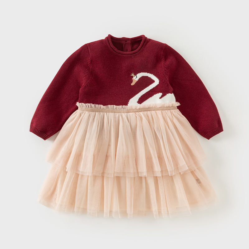 فستان بنات بأكمام طويلة من قماش محبوك باللون الخمري/الوردي الفاتح مع تنورة تول متعددة الطبقات بأسلوب غير رسمي