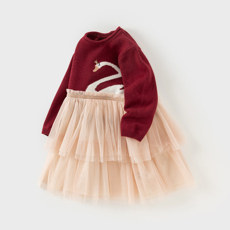 فستان بنات بأكمام طويلة من قماش محبوك باللون الخمري/الوردي الفاتح مع تنورة تول متعددة الطبقات بأسلوب غير رسمي