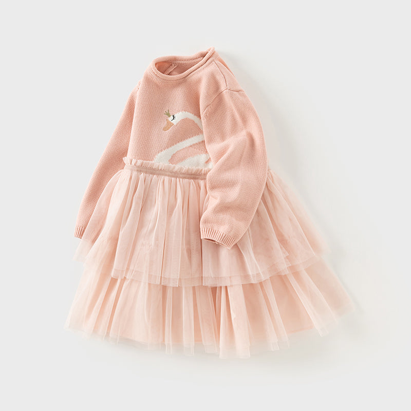 فستان بنات بأكمام طويلة من قماش محبوك باللون الخمري/الوردي الفاتح مع تنورة تول متعددة الطبقات بأسلوب غير رسمي