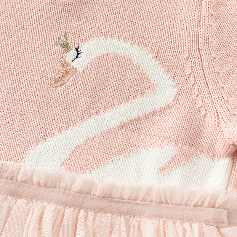 فستان بنات بأكمام طويلة من قماش محبوك باللون الخمري/الوردي الفاتح مع تنورة تول متعددة الطبقات بأسلوب غير رسمي