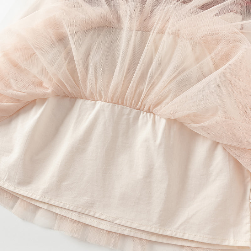 فستان بنات بأكمام طويلة من قماش محبوك باللون الخمري/الوردي الفاتح مع تنورة تول متعددة الطبقات بأسلوب غير رسمي