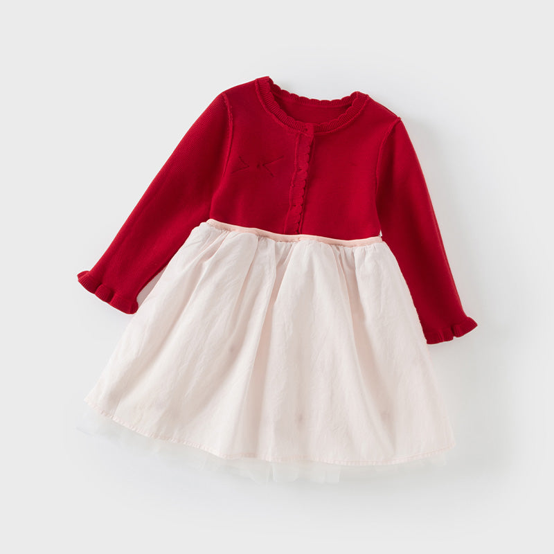 فستان أميرة للأطفال بأكمام طويلة من التريكو الأحمر مع تنورة من التول، مزين بنقاط حمراء على شكل قلوب