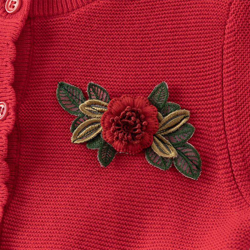 فستان أميرة للأطفال بأكمام طويلة من التريكو الأحمر مع تنورة من التول، مزين بنقاط حمراء على شكل قلوب