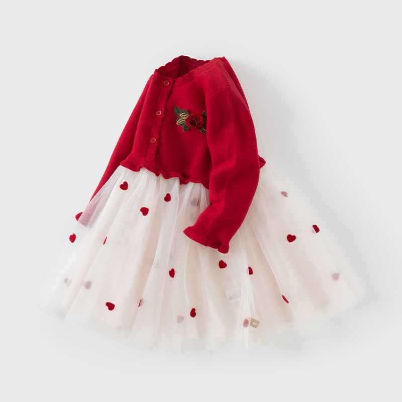 فستان أميرة للأطفال بأكمام طويلة من التريكو الأحمر مع تنورة من التول، مزين بنقاط حمراء على شكل قلوب