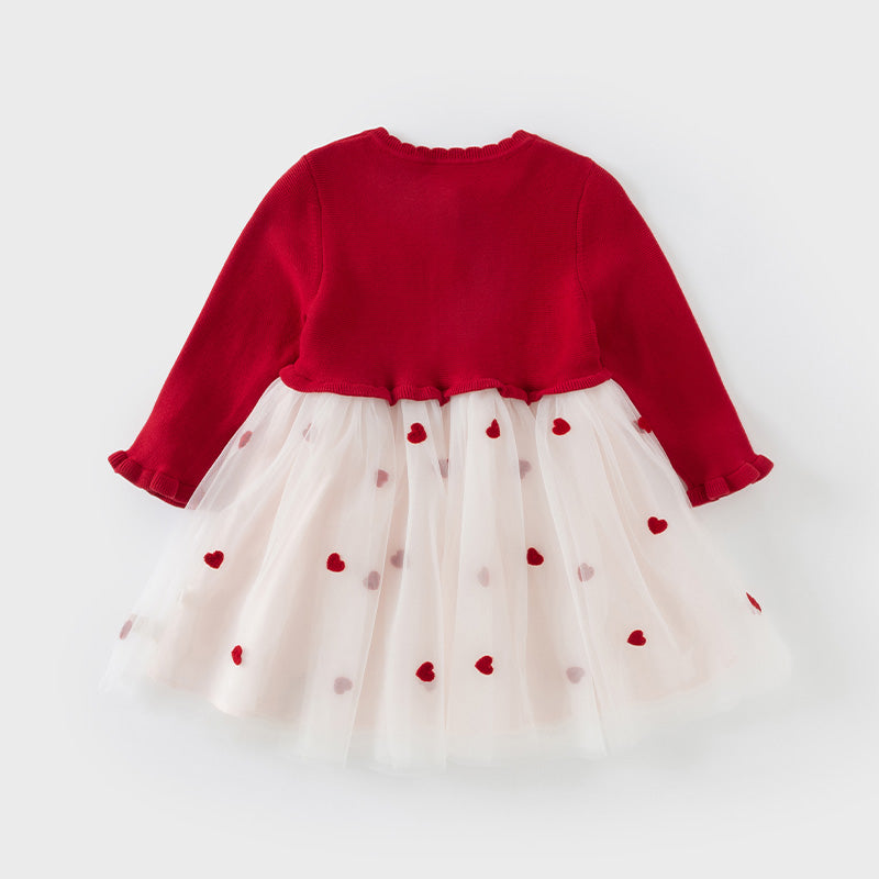 فستان أميرة للأطفال بأكمام طويلة من التريكو الأحمر مع تنورة من التول، مزين بنقاط حمراء على شكل قلوب