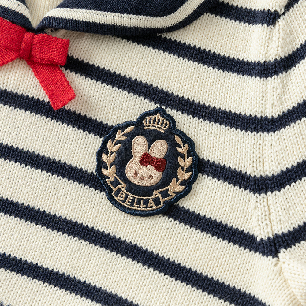 فستان للأطفال بأكمام طويلة من قماش مخطط باللون الكحلي مع تنورة من التول، بطابع بحري