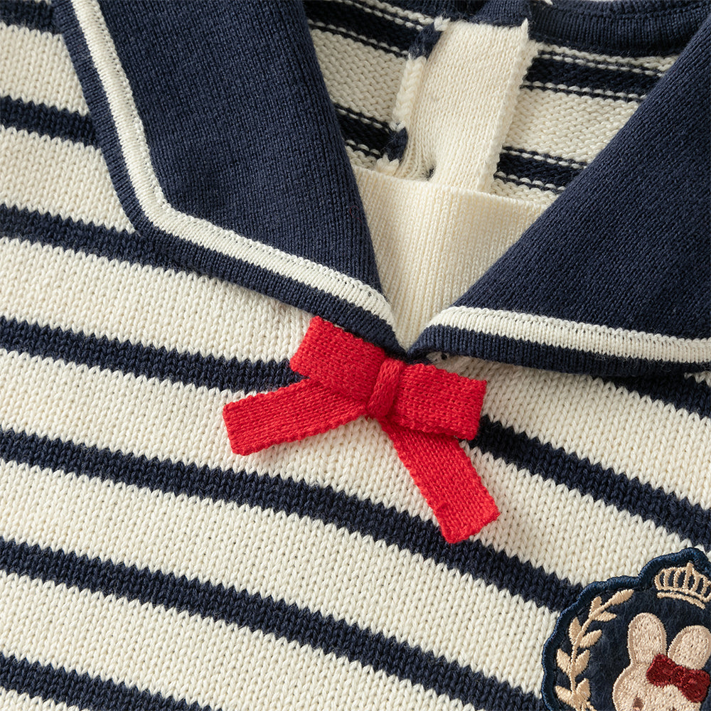 فستان للأطفال بأكمام طويلة من قماش مخطط باللون الكحلي مع تنورة من التول، بطابع بحري