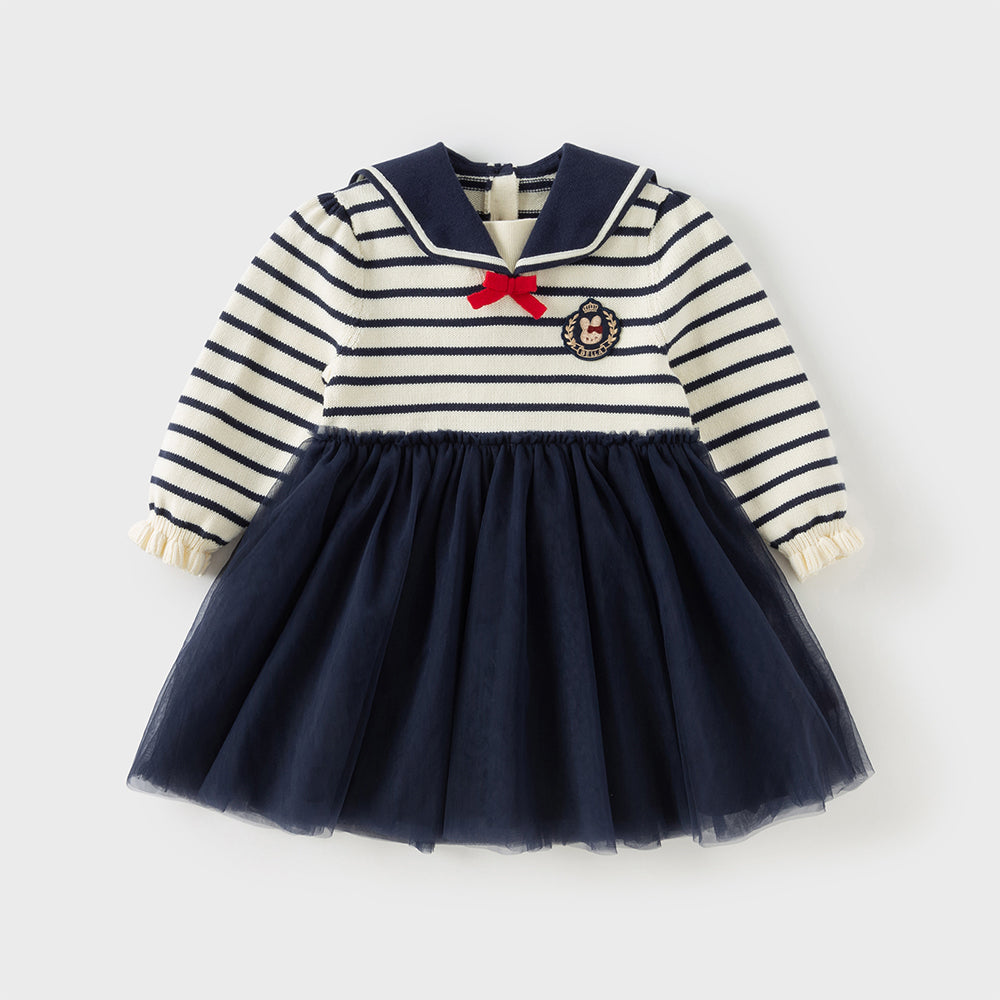 فستان للأطفال بأكمام طويلة من قماش مخطط باللون الكحلي مع تنورة من التول، بطابع بحري
