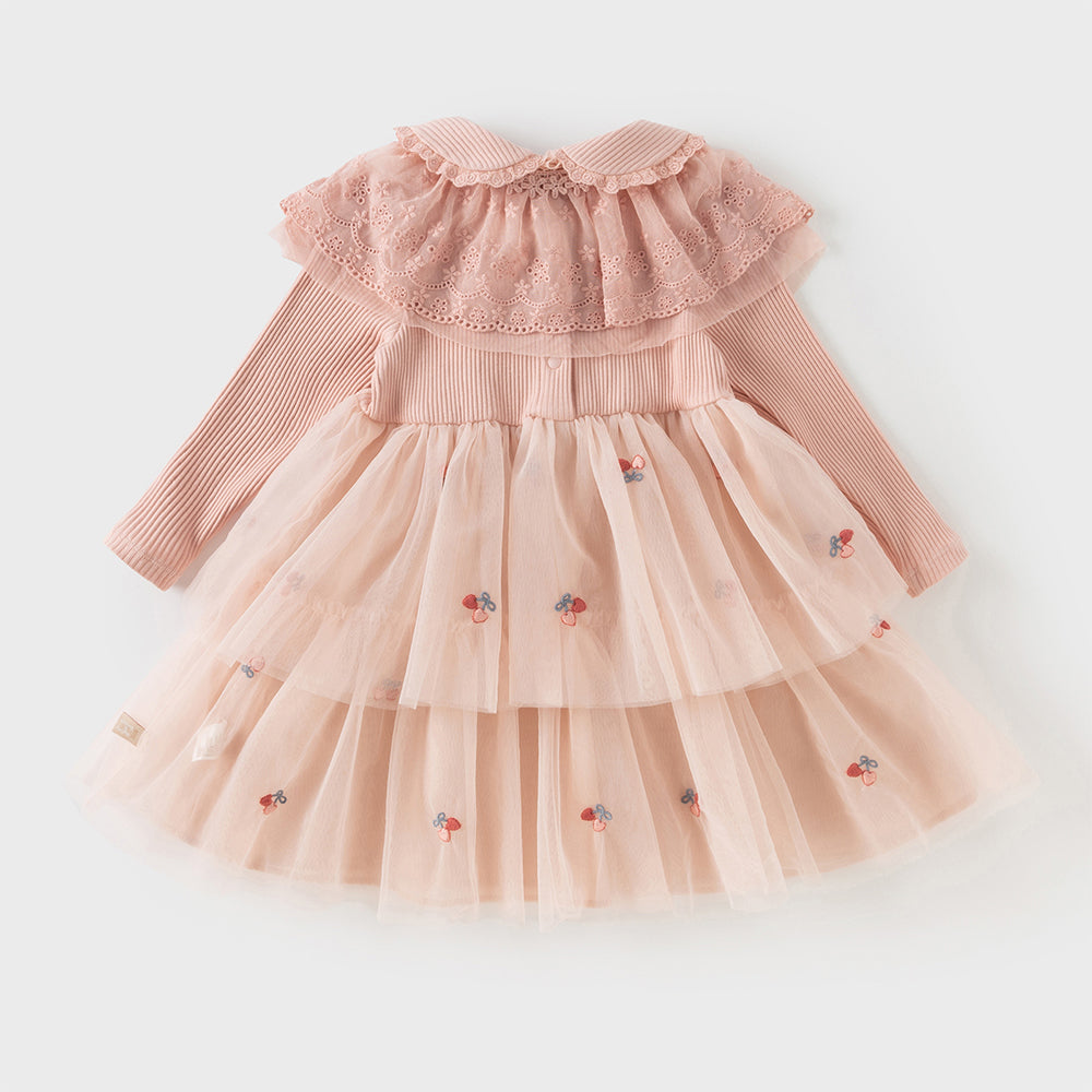 فستان أميرة للأطفال على شكل A بأكمام طويلة من التريكو الوردي مع تنورة من التول، مزود بكتفية مطابقة للزينة
