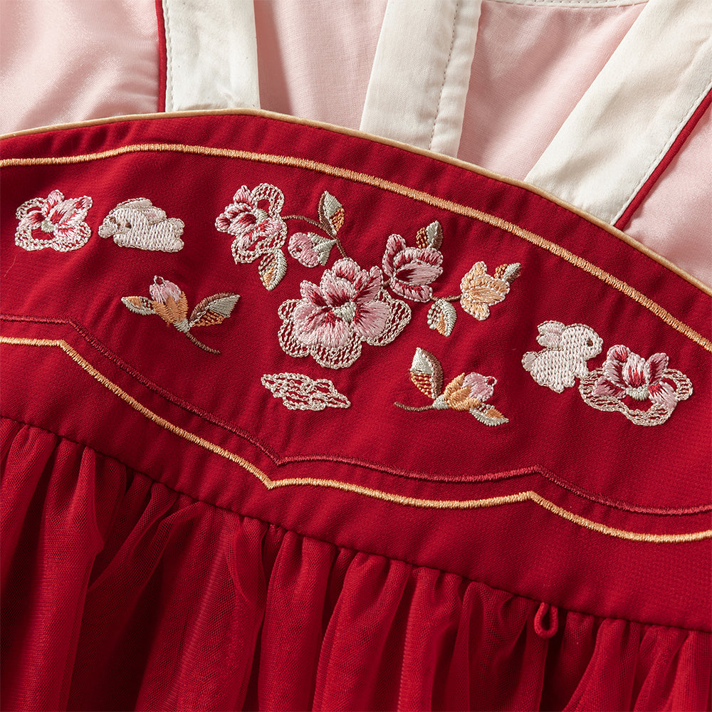 فستان بنات طويل الأكمام من التول باللون الأحمر الداكن بأسلوب صيني عصري (يشمل زينة تدلي من الخيوط الصينية)