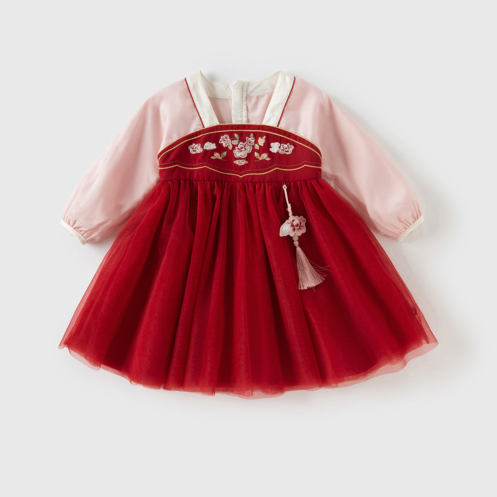 فستان بنات طويل الأكمام من التول باللون الأحمر الداكن بأسلوب صيني عصري (يشمل زينة تدلي من الخيوط الصينية)