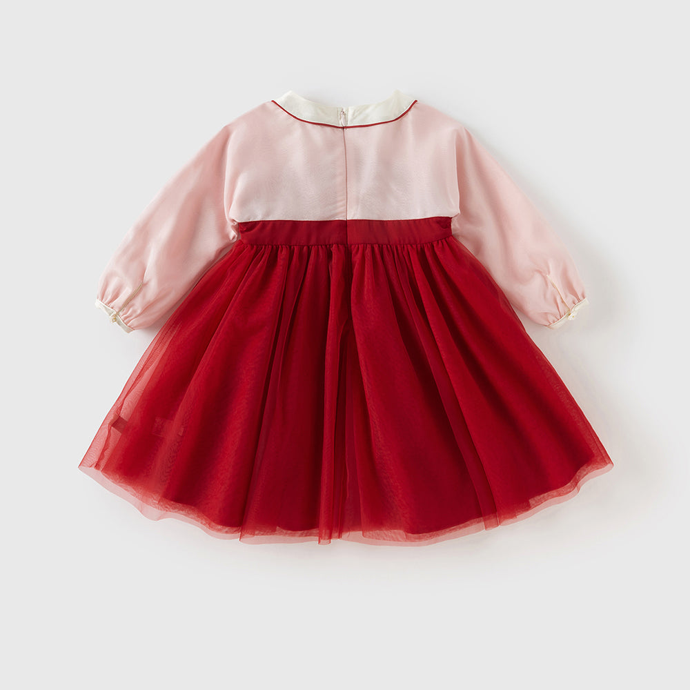 فستان بنات طويل الأكمام من التول باللون الأحمر الداكن بأسلوب صيني عصري (يشمل زينة تدلي من الخيوط الصينية)