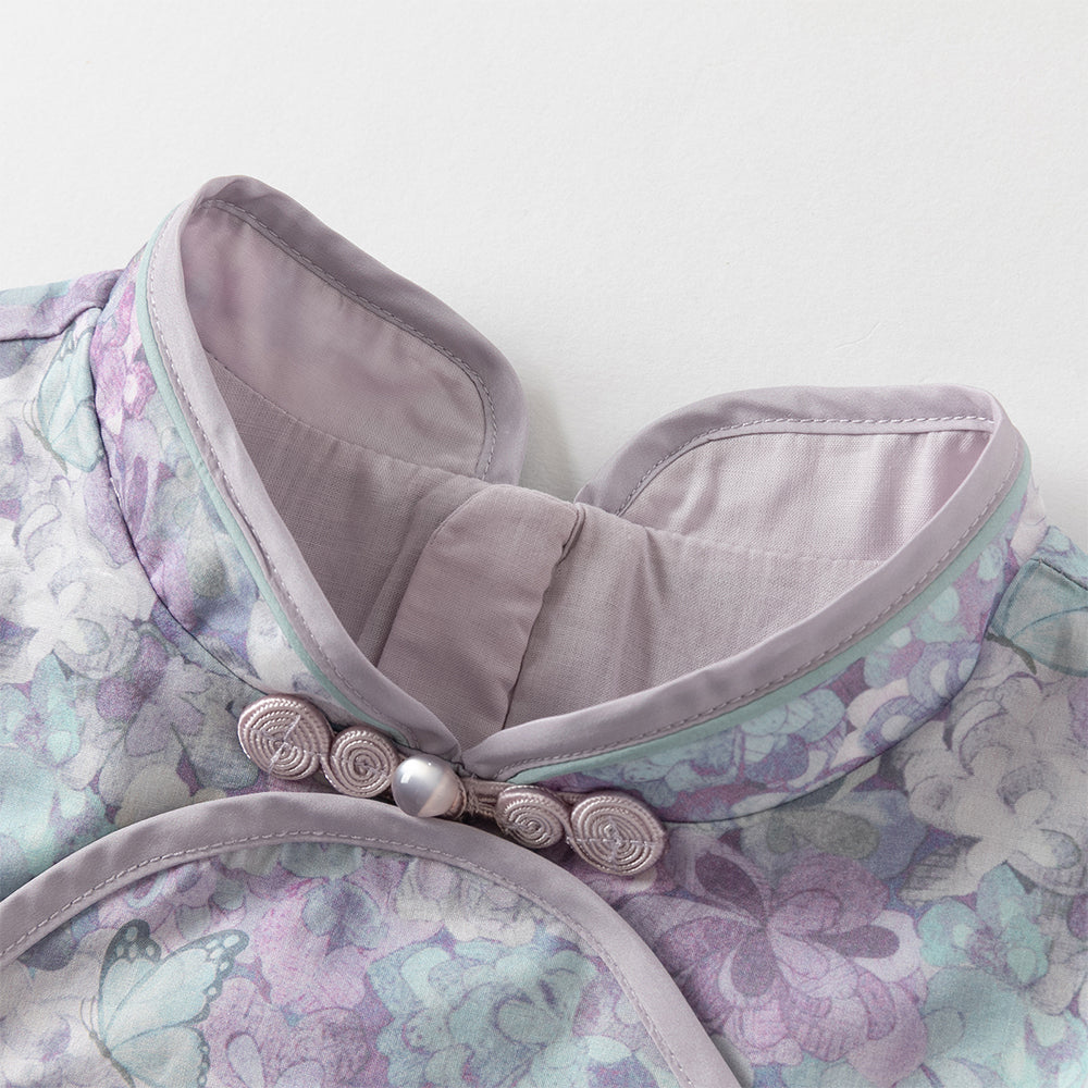 فستان بنات طويل الأكمام من قماش مزخرف بالزهور البنفسجية مع تنورة تول بأسلوب أميرة تصميم صيني عصري