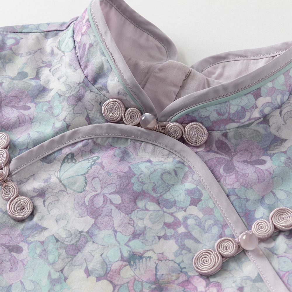 فستان بنات طويل الأكمام من قماش مزخرف بالزهور البنفسجية مع تنورة تول بأسلوب أميرة تصميم صيني عصري