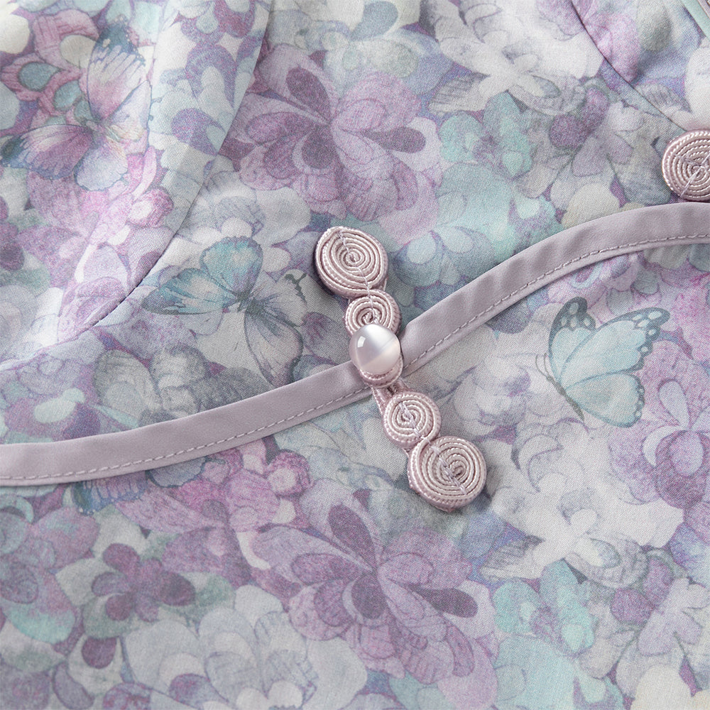 فستان بنات طويل الأكمام من قماش مزخرف بالزهور البنفسجية مع تنورة تول بأسلوب أميرة تصميم صيني عصري