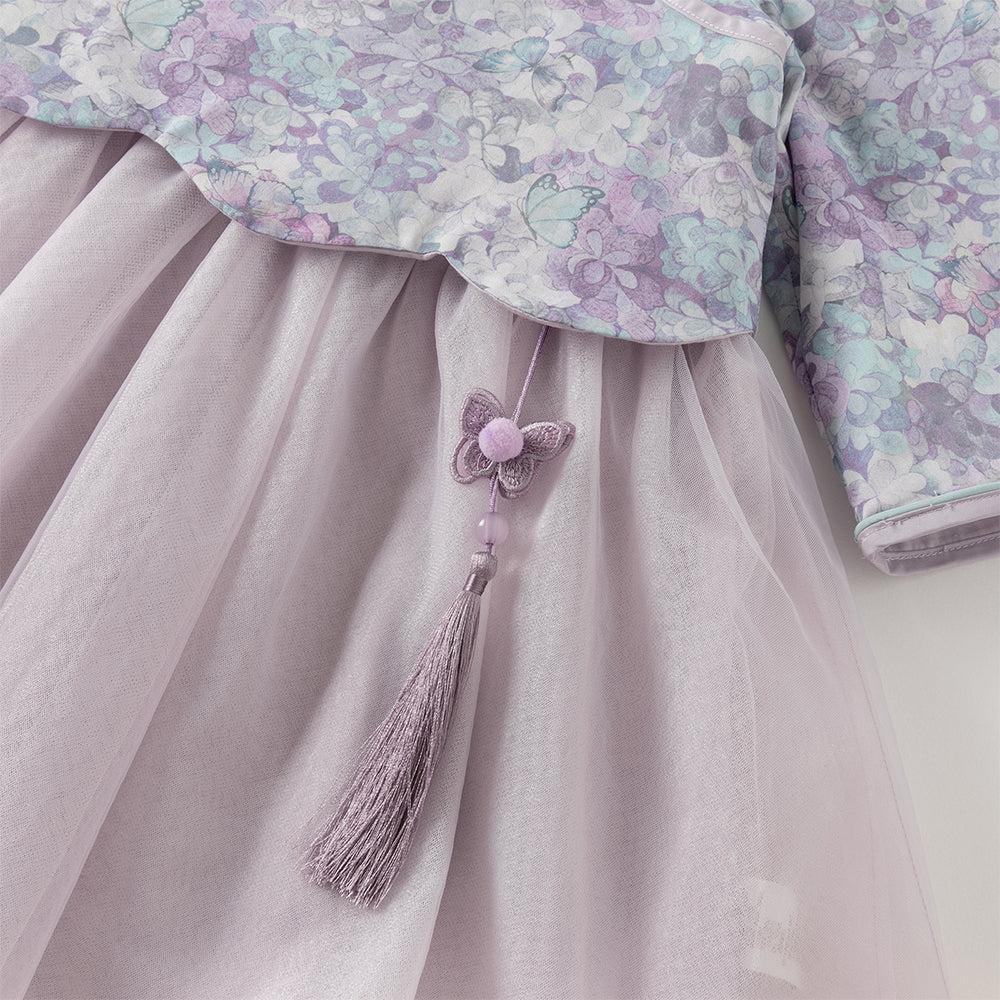 فستان بنات طويل الأكمام من قماش مزخرف بالزهور البنفسجية مع تنورة تول بأسلوب أميرة تصميم صيني عصري