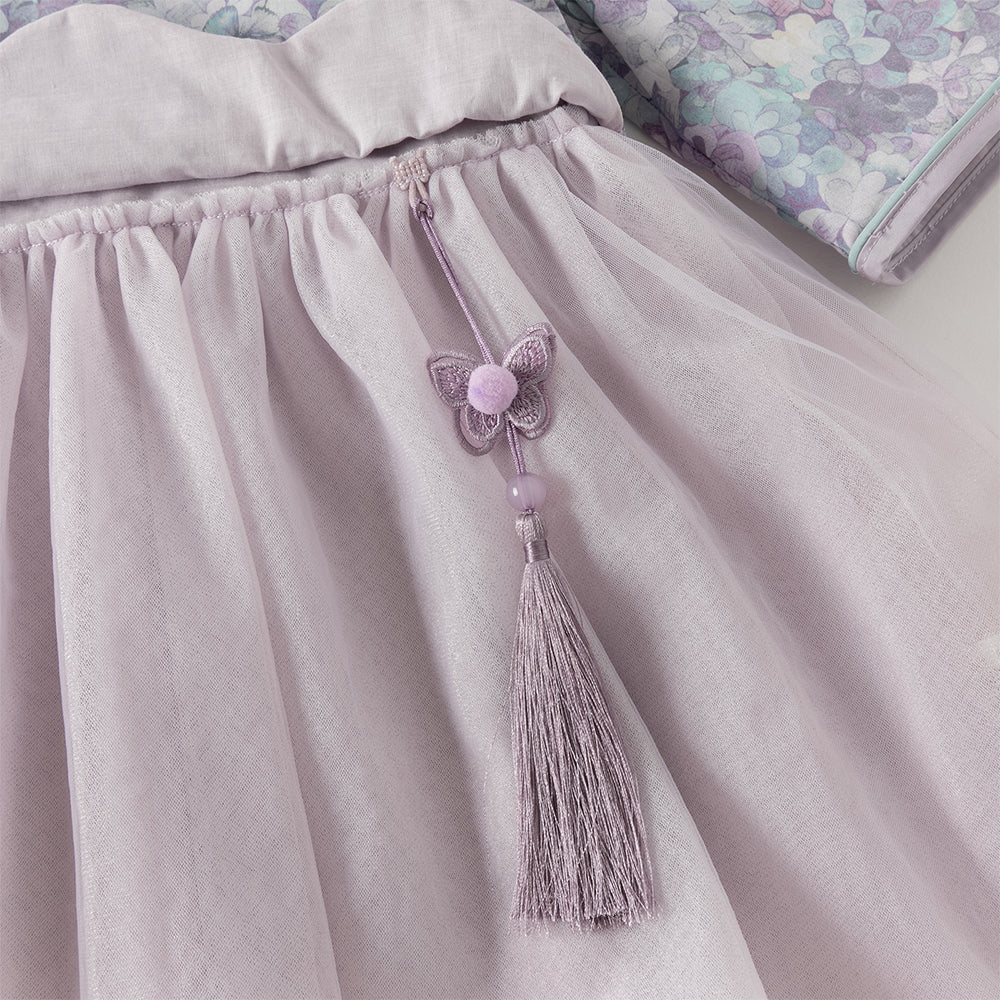 فستان بنات طويل الأكمام من قماش مزخرف بالزهور البنفسجية مع تنورة تول بأسلوب أميرة تصميم صيني عصري