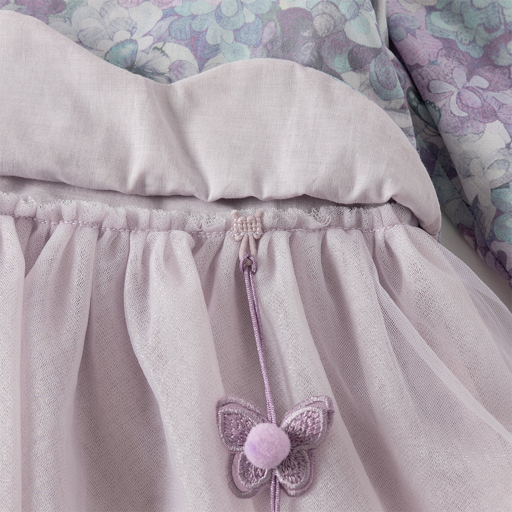 فستان بنات طويل الأكمام من قماش مزخرف بالزهور البنفسجية مع تنورة تول بأسلوب أميرة تصميم صيني عصري