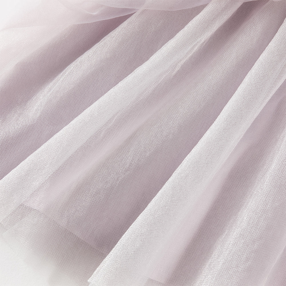 فستان بنات طويل الأكمام من قماش مزخرف بالزهور البنفسجية مع تنورة تول بأسلوب أميرة تصميم صيني عصري