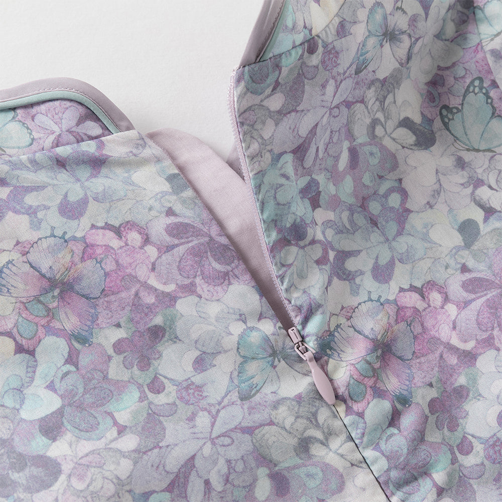 فستان بنات طويل الأكمام من قماش مزخرف بالزهور البنفسجية مع تنورة تول بأسلوب أميرة تصميم صيني عصري