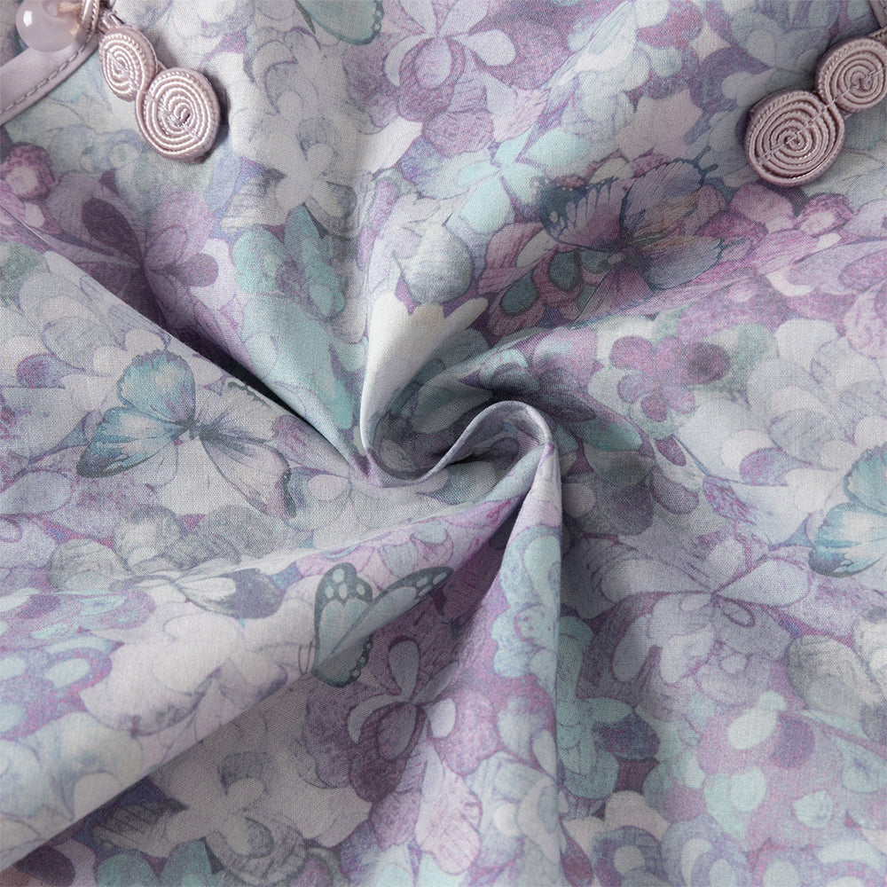 فستان بنات طويل الأكمام من قماش مزخرف بالزهور البنفسجية مع تنورة تول بأسلوب أميرة تصميم صيني عصري