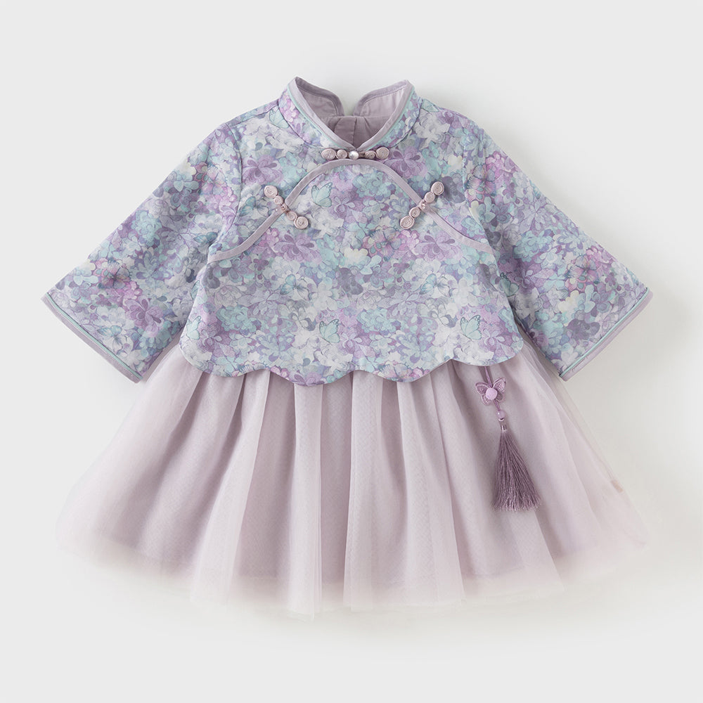 فستان بنات طويل الأكمام من قماش مزخرف بالزهور البنفسجية مع تنورة تول بأسلوب أميرة تصميم صيني عصري