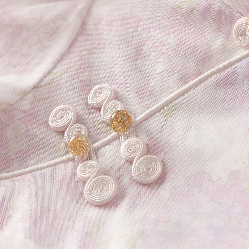 فستان بنات بأكمام طويلة من التول بالبنفسجي الفاتح مع طباعة أزهار الهيدرانجيا بأسلوب صيني عصري