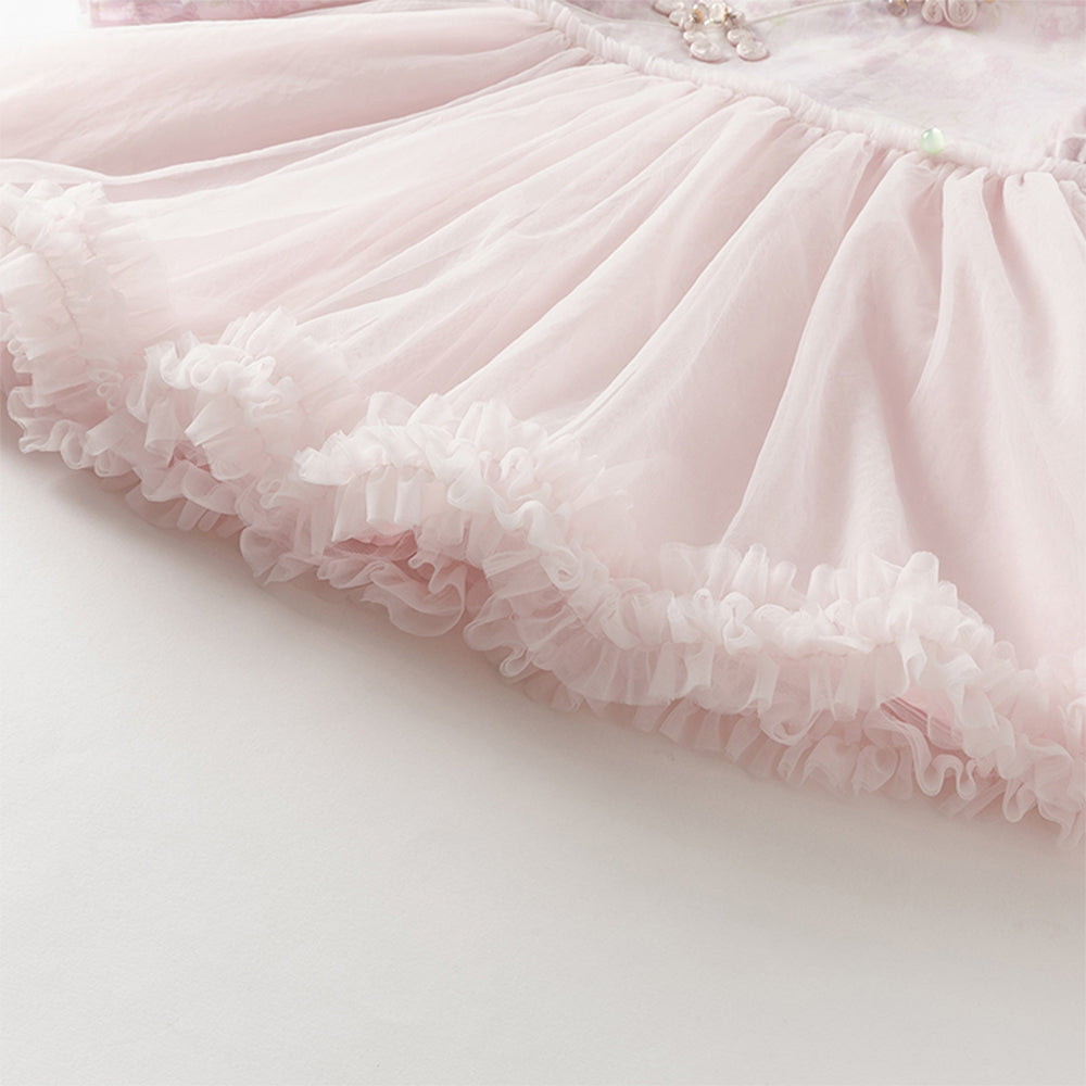 فستان بنات بأكمام طويلة من التول بالبنفسجي الفاتح مع طباعة أزهار الهيدرانجيا بأسلوب صيني عصري