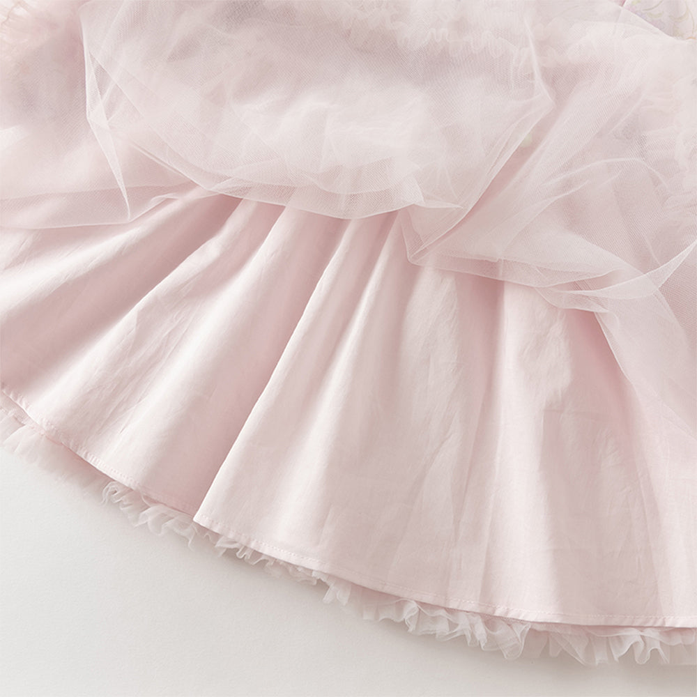 فستان بنات بأكمام طويلة من التول بالبنفسجي الفاتح مع طباعة أزهار الهيدرانجيا بأسلوب صيني عصري