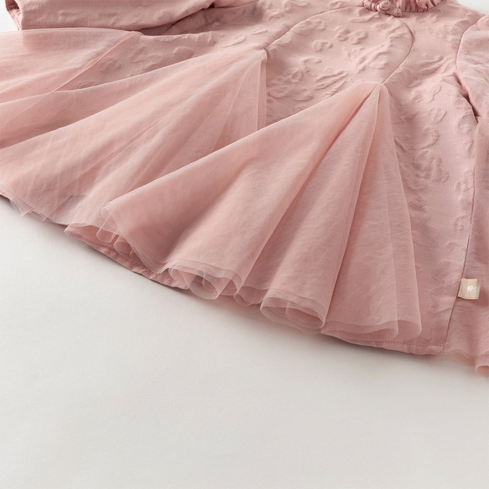 فستان بنات بأكمام طويلة من التول وردي مطاطي تصميم أميري مع تنورة شبكية