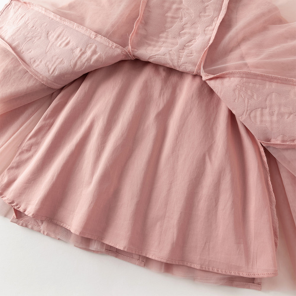 فستان بنات بأكمام طويلة من التول وردي مطاطي تصميم أميري مع تنورة شبكية